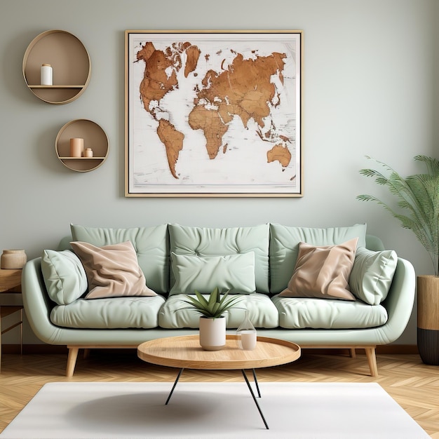 a living room with a map of the world on the wall