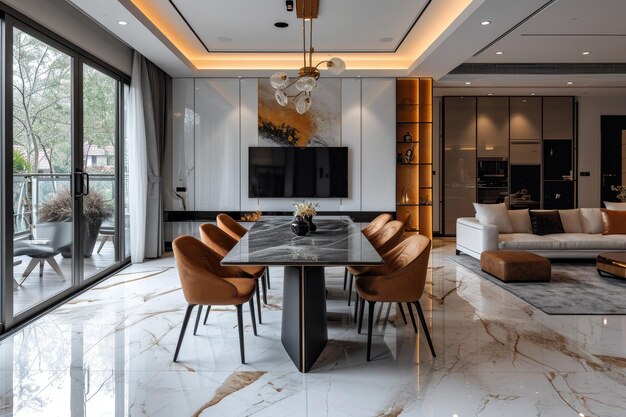 Living room with marble table and chairs in bright colors