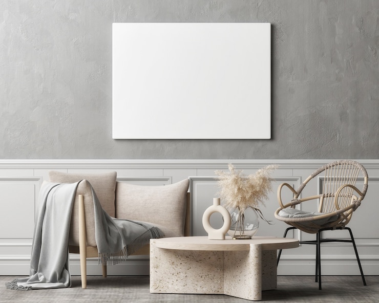Photo living room with mockup poster armchair and home decoration