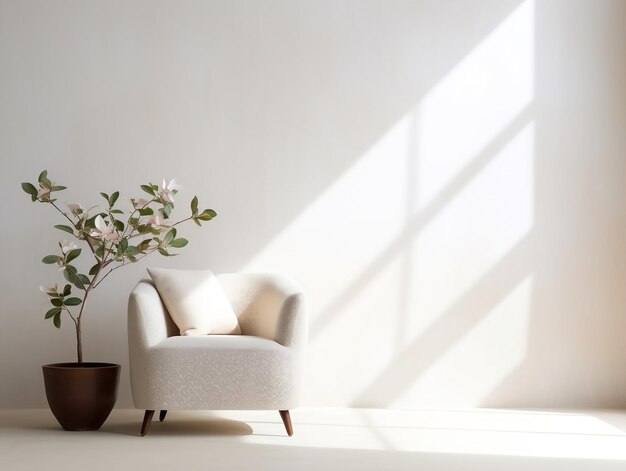 Photo living room with modern chair and potted plant in front of a white wall