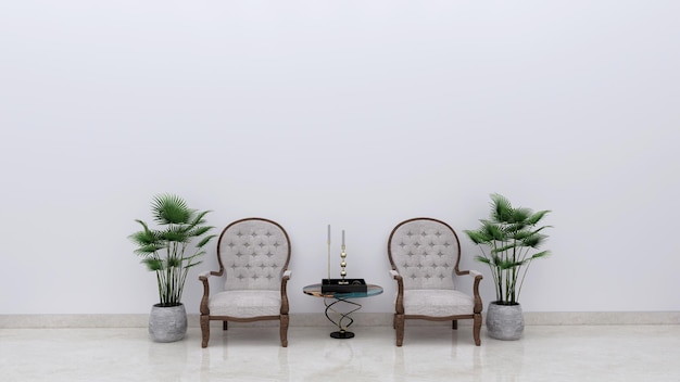 소파, 커피 테이블, 실내 식물을 갖춘 현대적인 고전적인 컨셉의 거실, 3d 렌더링