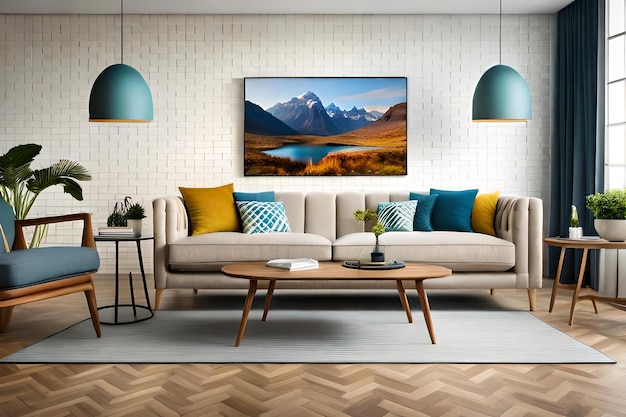 A living room with a mountain in the background