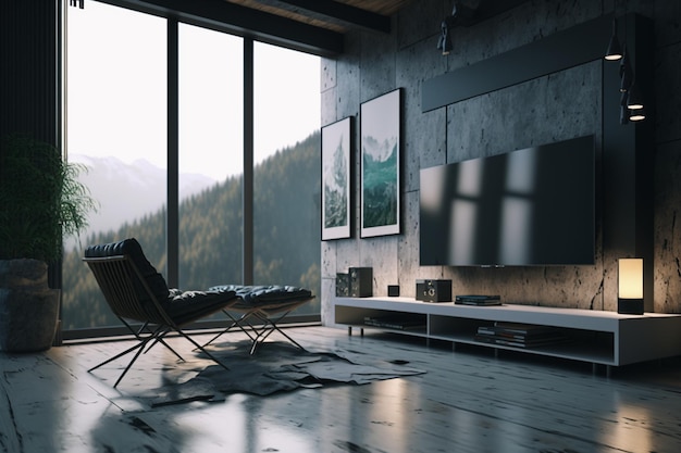 A living room with a mountain view in the background.