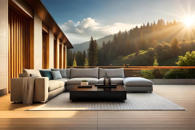 A living room with a mountain view and a tree covered terrace.