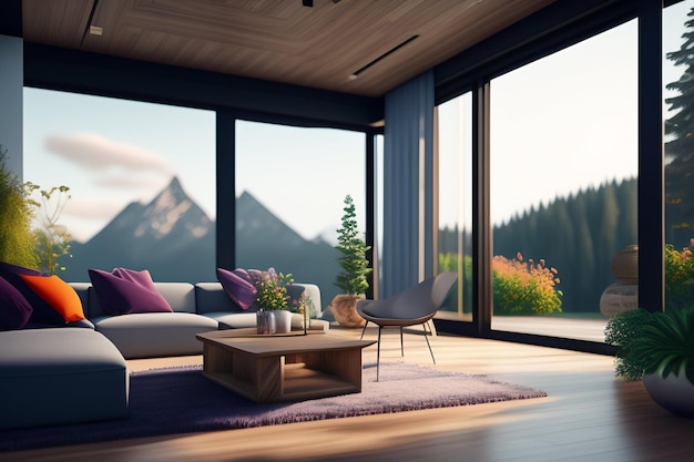 A living room with a mountain view