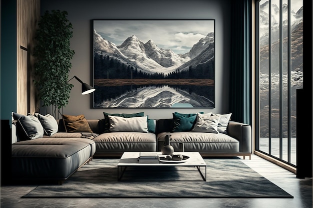 a living room with a mountain view.