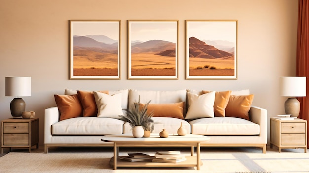 A living room with mountains in a frame over the couch