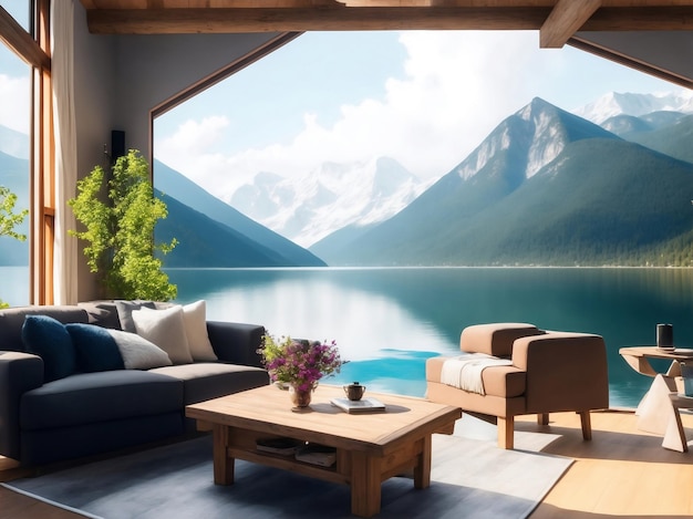 Living room with mountains view Generative AI Illustration