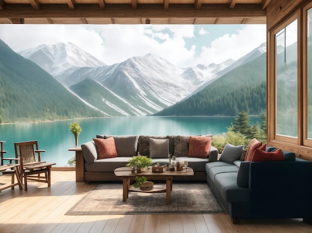 Living room with mountains view Generative AI Illustration