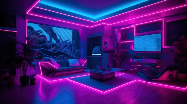 A living room with neon lights and a couch.