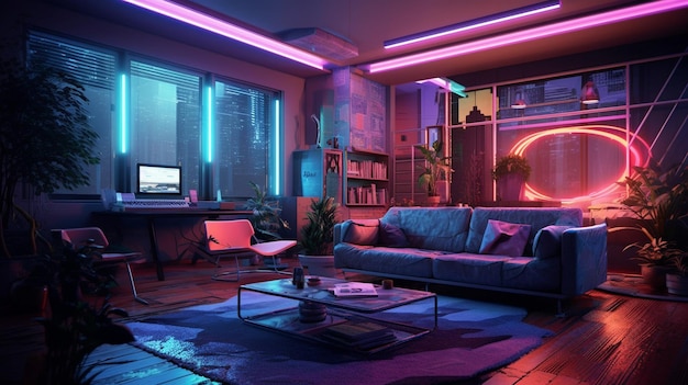 Photo a living room with a neon sign that says'cyberpunk'on it