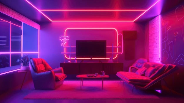 A living room with a neon sign that says'the word'on it