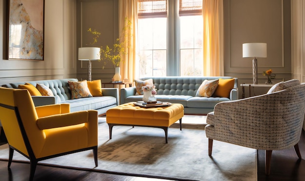 Living room with nice chairs and couches and a blue and yellow striped couch