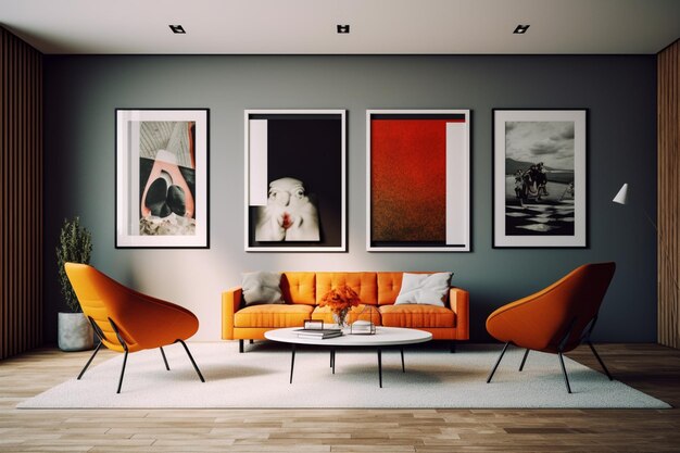 オレンジ色の椅子と写真が飾られたコーヒーテーブルのあるリビングルーム。