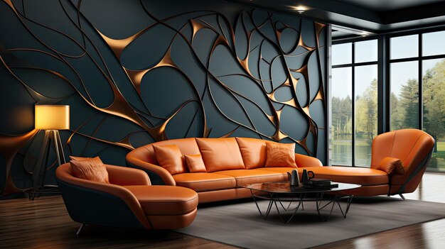 a living room with orange couches and a coffee table.