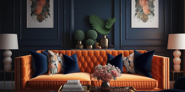 A living room with orange sofas and a coffee table with a vase of flowers on it.