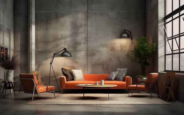 A living room with orange sofas and a coffee table