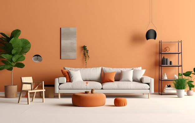 A living room with orange walls and a couch with a white pillow on it.