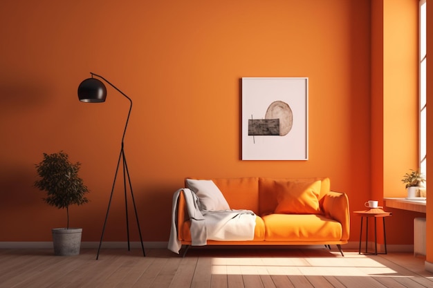 A living room with orange walls and a sofa and a lamp