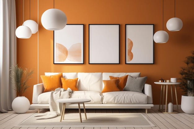 A living room with orange walls and a white couch with a white table and two white pillows.