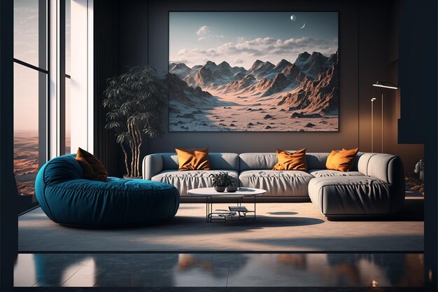 A living room with a painting of mountains and a mountain.