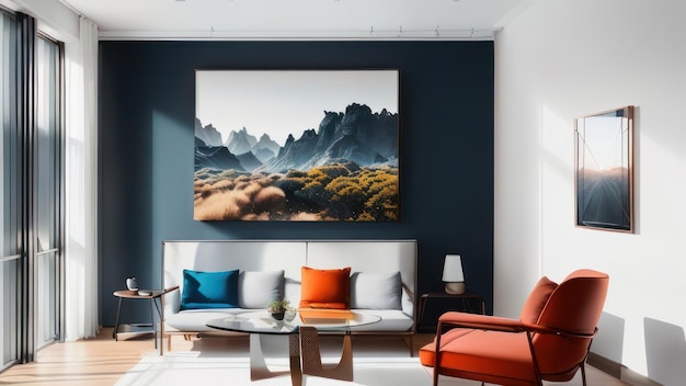 A living room with a painting of mountains and a painting of a mountain.
