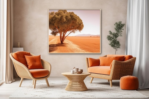 A living room with a painting of a tree on the wall.