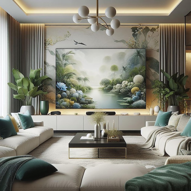 a living room with a painting of a tropical scene