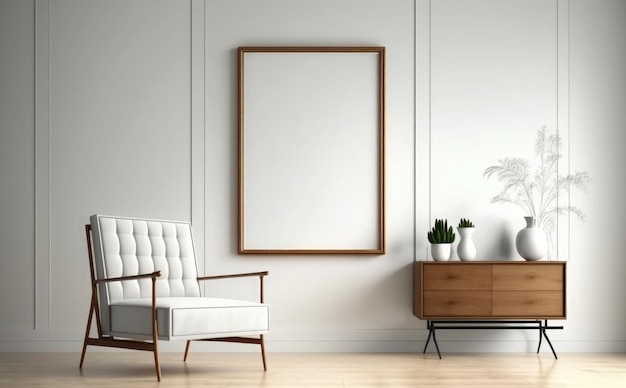 A living room with a picture frame and a chair with a plant on it.