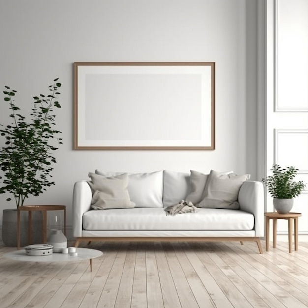 A living room with a picture frame and a plant on the wall.