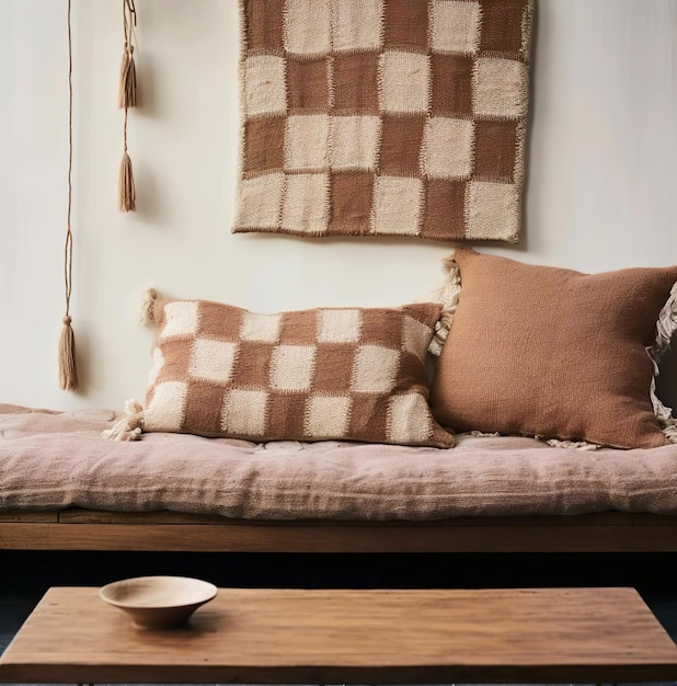 A living room with pillow as nd couch and table on the background