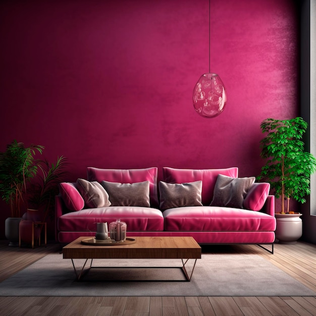 A living room with a pink couch and a coffee table.