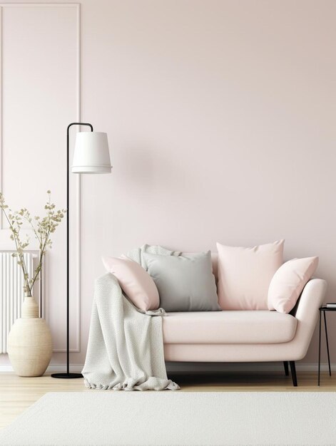 a living room with a pink couch and a lamp