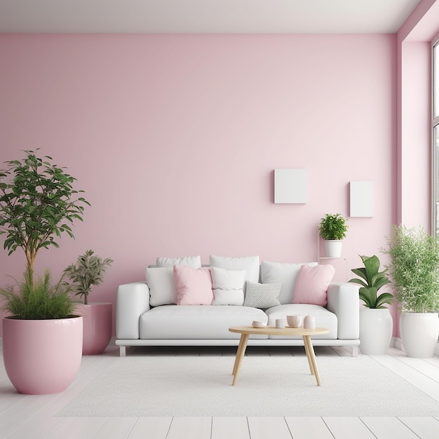 a living room with a pink couch and potted plants.