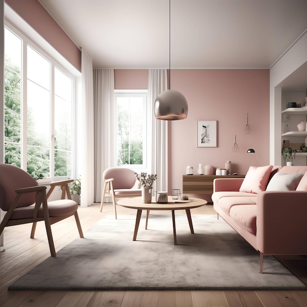 A living room with a pink couch and a table with a lamp on it.