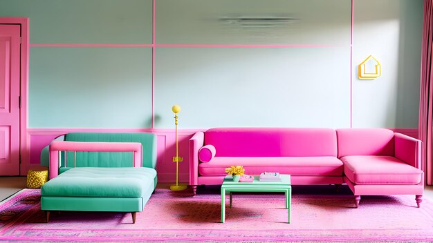 A living room with pink couches and a green coffee table