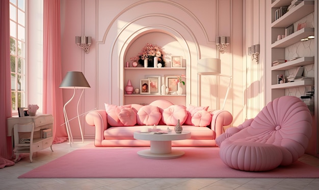 A living room with pink furniture and a pink rug