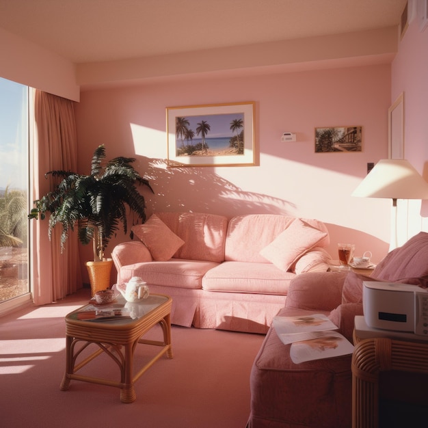 a living room with pink furniture