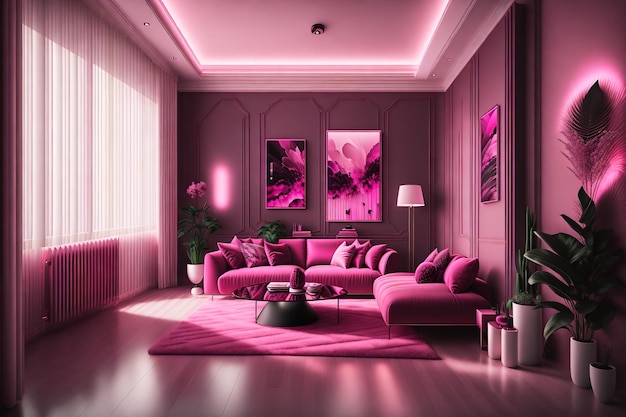 ピンクの照明とソファのあるリビングルーム