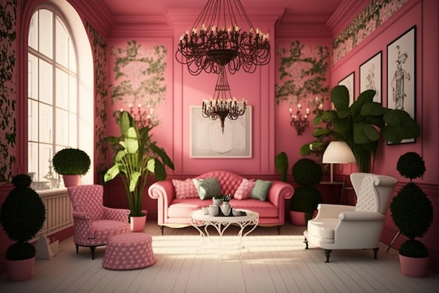 A living room with a pink sofa and a chandelier with a plant on it.