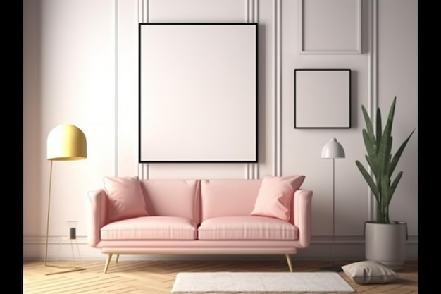 A living room with a pink sofa and a plant on the wall.