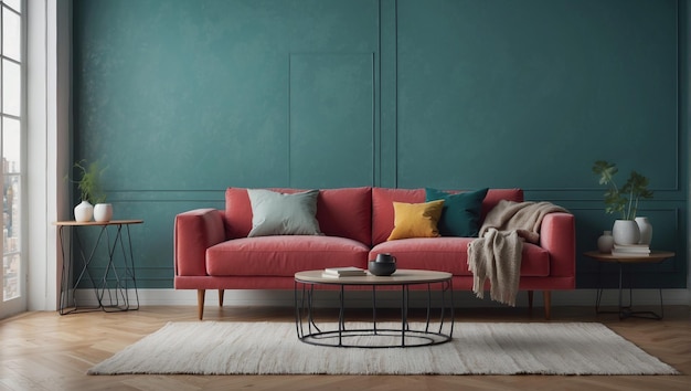 living room with pink sofa