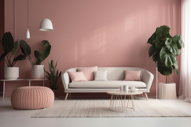 A living room with a pink wall and a white sofa.