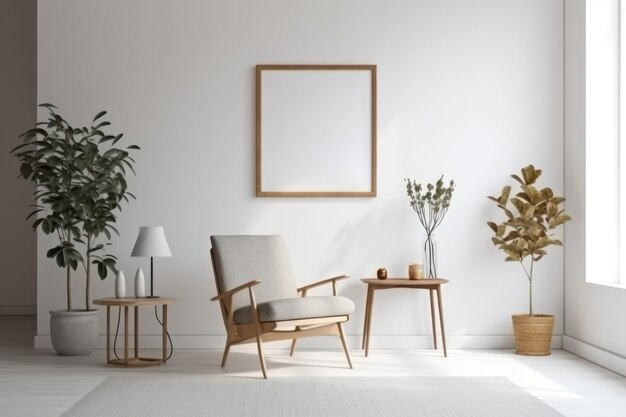 Foto un soggiorno con una pianta e una sedia.