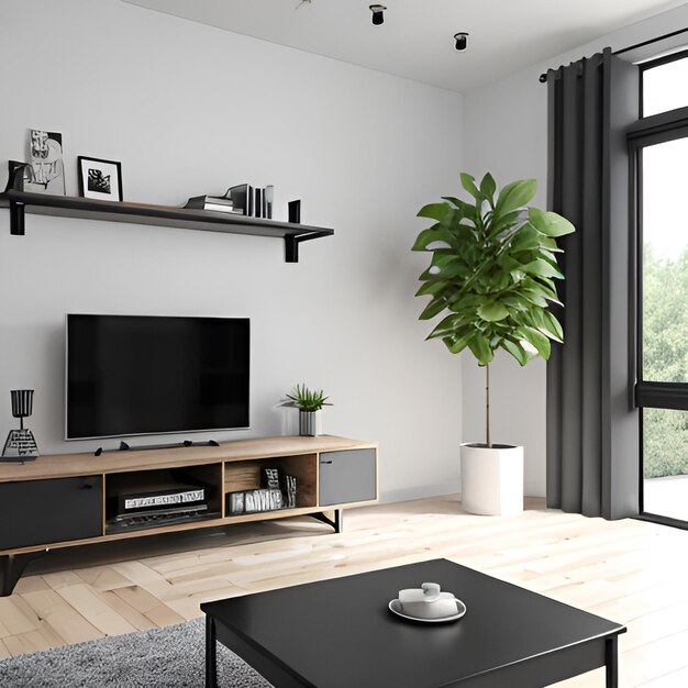 Foto un soggiorno con una pianta sullo scaffale e una tv sulla parete