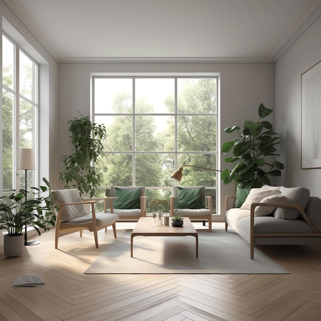 A living room with a plant on the wall and a couch with a lamp on it.