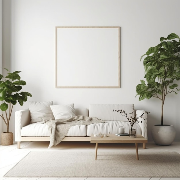 A living room with a plant on the wall and a frame that says " the word " on it.