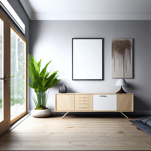 A living room with a plant on the wall and a picture of a tree on the wall.