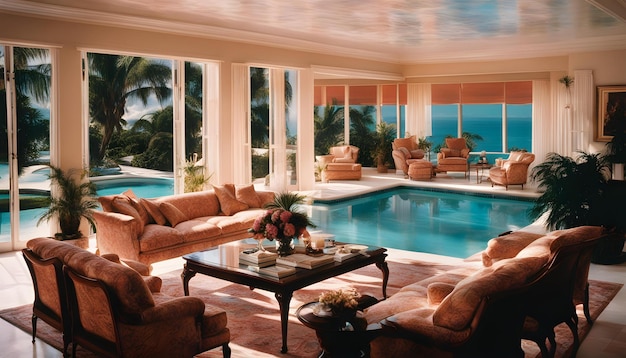 a living room with a pool and a couch with a table and chairs