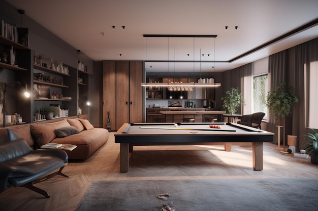 A living room with a pool table and a couch that says'the word pool '